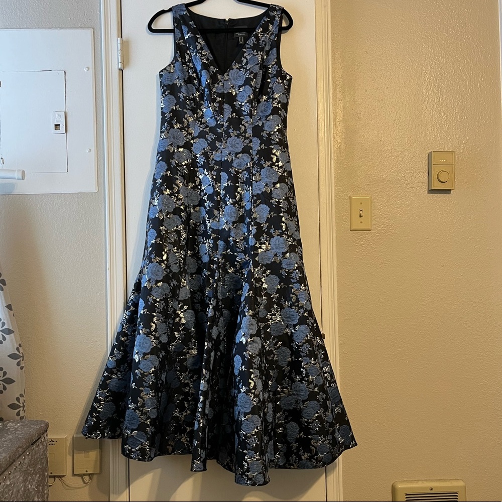 Navy floral gown v neck ruffles bottom